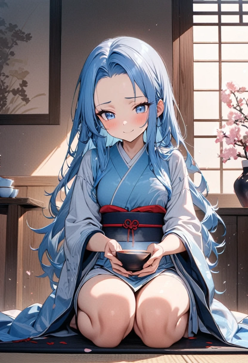 (japanese tea ceremony style) (Seiza tea ceremony), (With both hands holding a japanese Traditional ceramic tea cups) (solo:2, 15 yo) (beautiful detailed forehead) (beautiful pastelcolor blue hair long hair) (immensely cute girl) (immensely cute blue eyes) (lovely smile) , in a detailed blue kimono, break, in the japanese style room, BREAK, perfect anatomy, masterpiece, best quality, 16k, beautiful detailed grow, daydreaming expression.