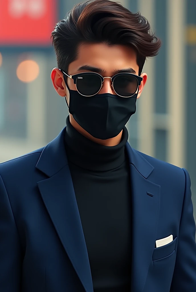 Kala chasma pahne huwe ek 22 saal ka ladka rang gora navy blue ka belejar normal body jaisa hona chahiye aur black mask pahne huwe normal hair style 