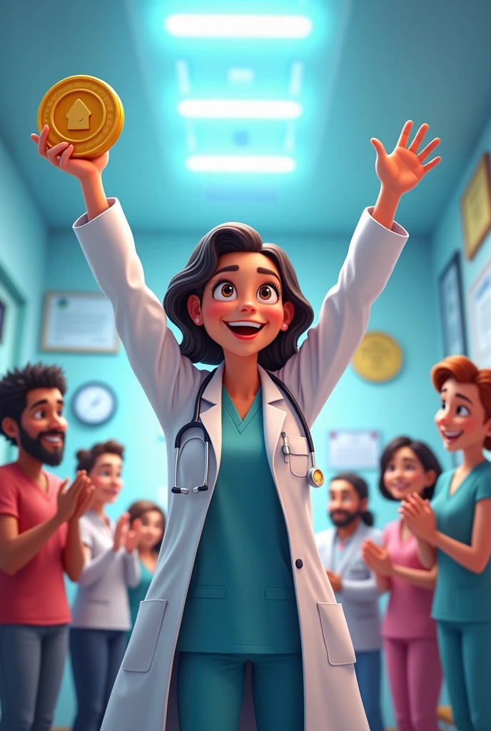 Create a pixar style poster of a doctor named FIDA winning a medal in psychiatry quiz