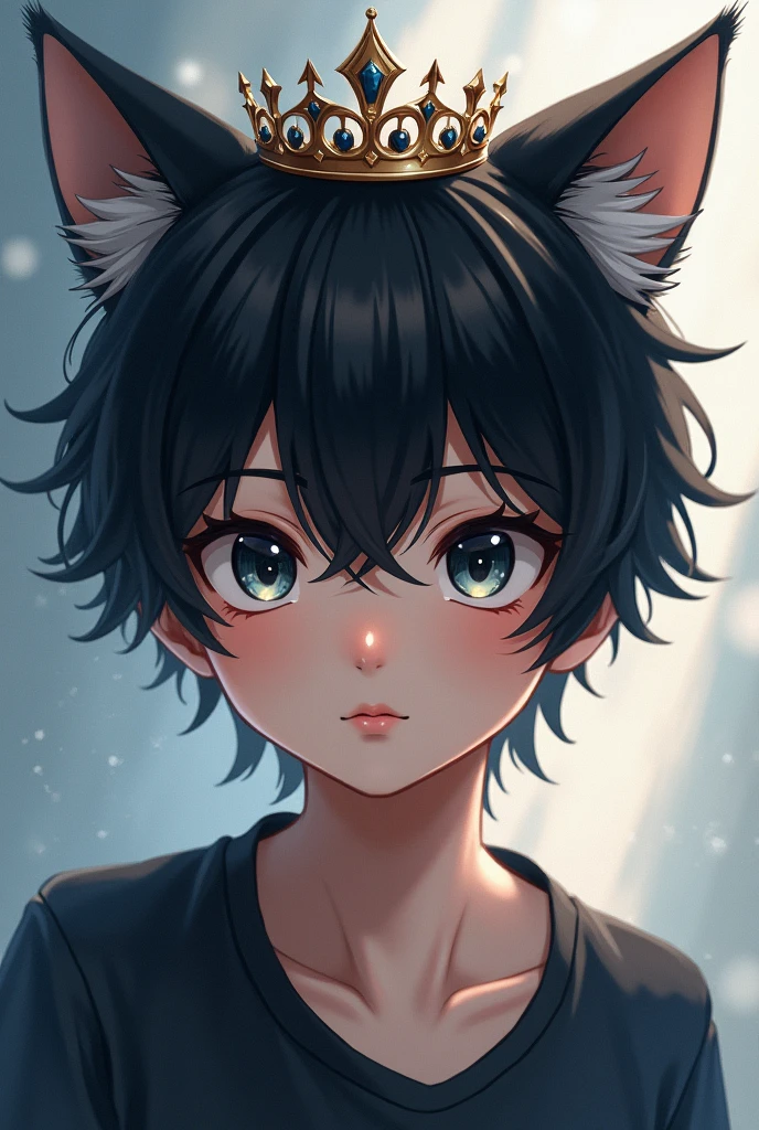Black-haired cat-eared anime boy wearing a white crown