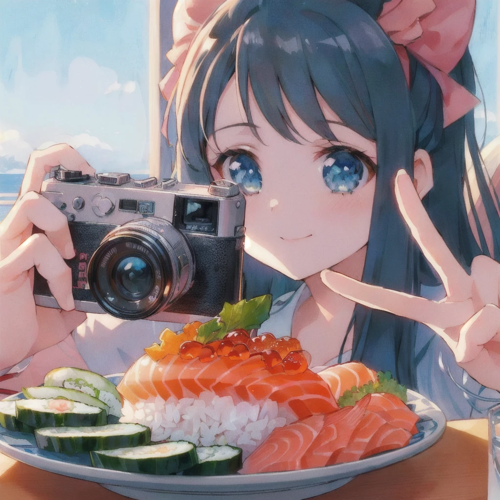 anime girl taking a picture of a plate of sushi with a camera, Pickles and Ikura,anime style 4K 円, anime style mixed with fujifilm, anime style. 8k, photorealistic anime, Cute realistic portrait, anime! 4K, anime! 4K 円, anime picture, detailed digital anime art, 80年代のanimeスタイル,high quality anime artstyle, clean detailed anime art, 4K 円 manga wallpaper