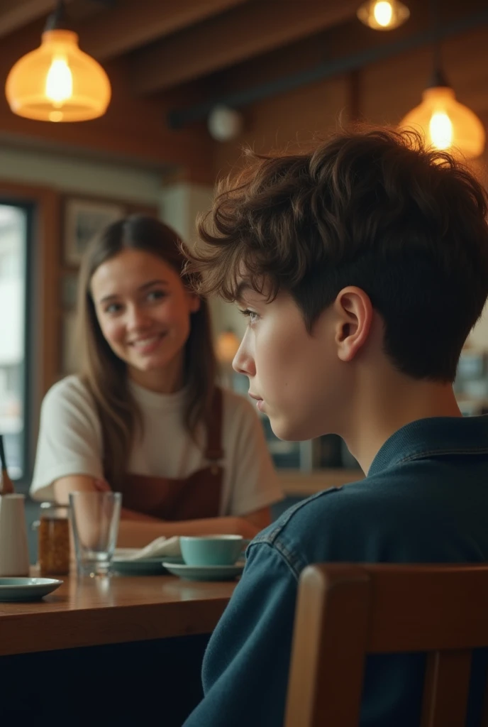 a melancholy high school boy in a cafe, a cheerful young female barista approaches him, beautiful detailed eyes, detailed face, extremely detailed portrait, high quality, realistic, photorealistic, 1 boy, 1 lady, cafe interior, warm lighting, cozy atmosphere, soft focus, cinematic, moody colors, muted tones, emotional, character study, slice of life