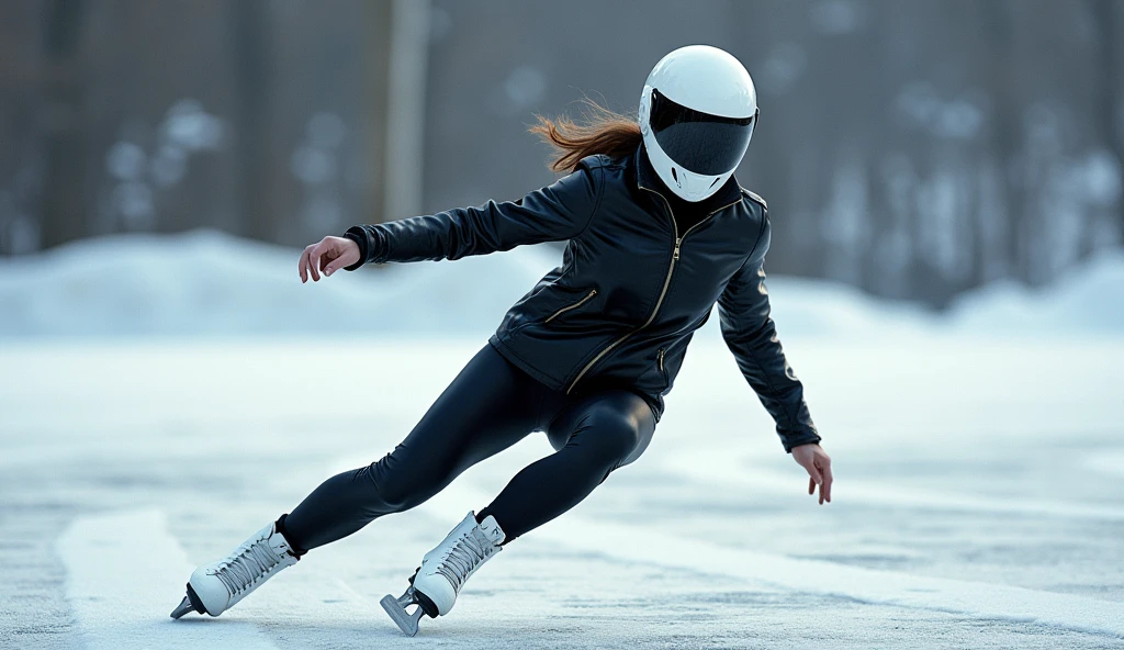 Female ice skater，Wearing a black leather jacket，A futuristic helmet，Slide sideways on one knee，individual，Hyperrealism，Wallpaper quality，Photography style，Shoot the side