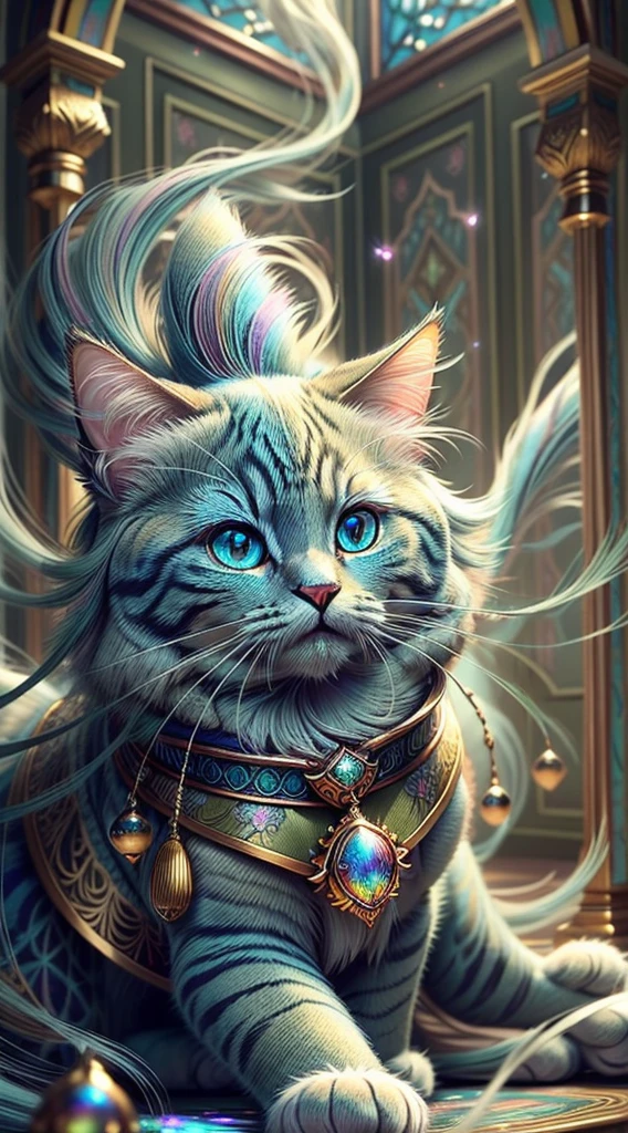 ((ultra-detailed)), (highly detailed CG illustration), ((an extremely delicate and beautiful ragdoll cat)), cinematic light, Create a stunning fantasy artwork that mimics the style of currently trending masters of the genre. The art piece should contain elements of both mythic fantasy with colorful accents. ((Utilize various shades of olive green and watercolor pastels as the main color scheme.)) The ragdoll cat in the artwork is a fluffy with an aura of mystery and magic, mesmerizing eyes with vibrant colors and bold shading. The fur of ragdoll cat should be designed with gossamer blue eyes, feathers, silk, stunning embroidery, and subtle iridescent details. Incorporate dreamy colors, dynamic lighting, and detailed background elements to create a sense of awe and immersion. Include magical aura. Consider, (((masterpiece))), (((best quality)))