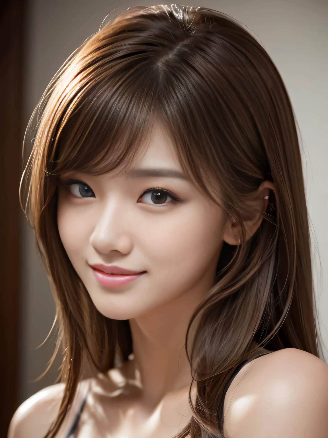 masterpiece, best quality, ultra-detailed, intricately detailed hyperdetailed, realistic, sharp features, highly detailed, sharp focus, Realistic, Photorealistic:1.3, (19 years old:1.3), perfect face, perfect symmetrically eyes, perfect full lips, hyper detailed, hyper realistic, high resolution, beautiful young korean woman, Slender, brown hair, Stylish, model poses, Beautiful Face, light brown hair, messy hair, Beautiful hairstyle, (seductive smile:1.2), (looking at viewer), cinematic lighting, White background,