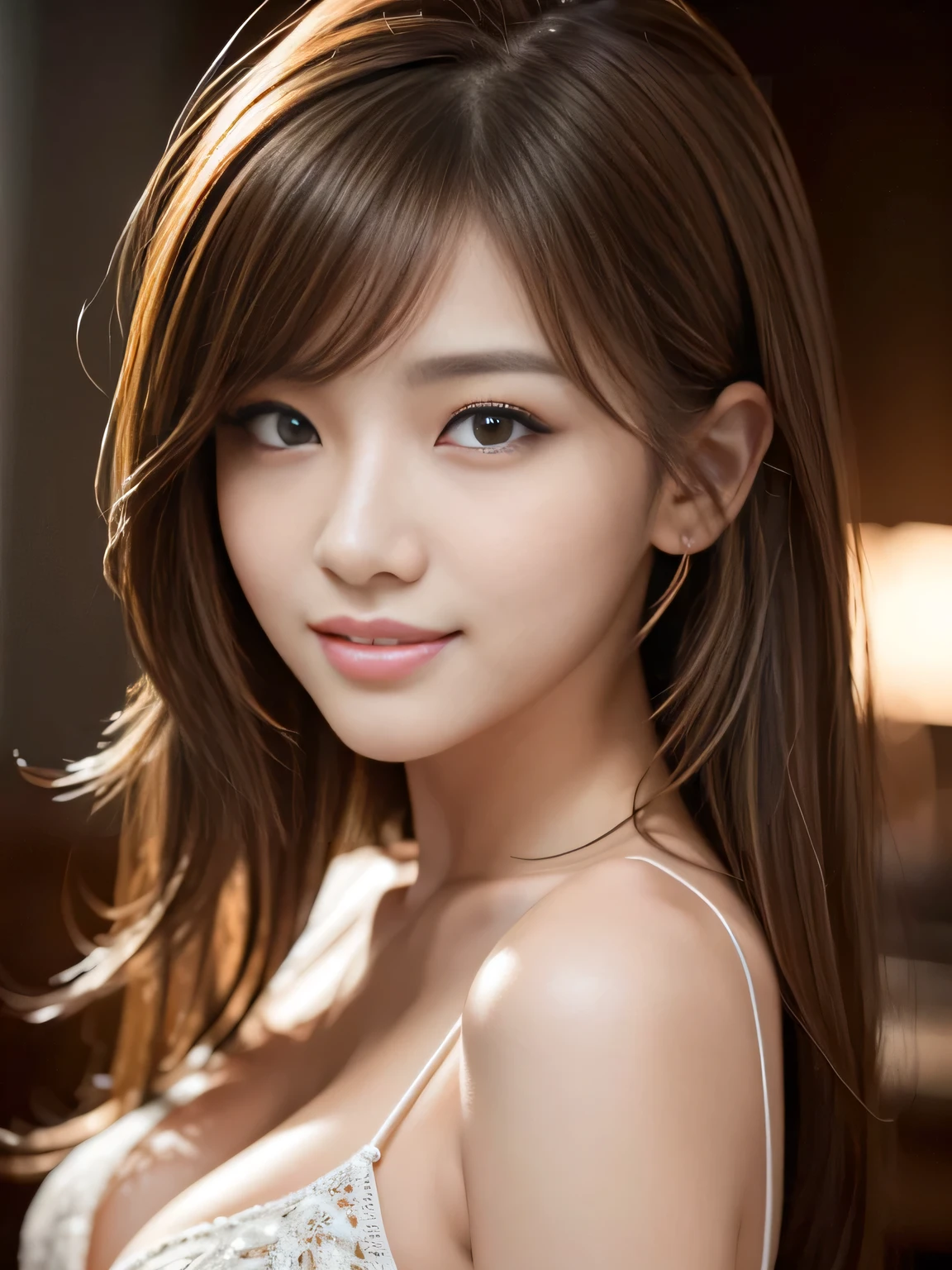 masterpiece, best quality, ultra-detailed, intricately detailed hyperdetailed, realistic, sharp features, highly detailed, sharp focus, Realistic, Photorealistic:1.3, (19 years old:1.3), perfect face, perfect symmetrically eyes, perfect full lips, hyper detailed, hyper realistic, high resolution, beautiful young korean woman, Slender, brown hair, Stylish, model poses, Beautiful Face, light brown hair, messy hair, Beautiful hairstyle, (seductive smile:1.2), (looking at viewer), cinematic lighting, White background,