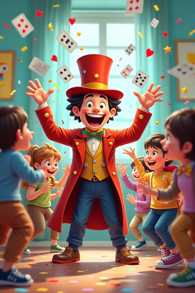 A cheerful magician being pummeled by kindergarteners