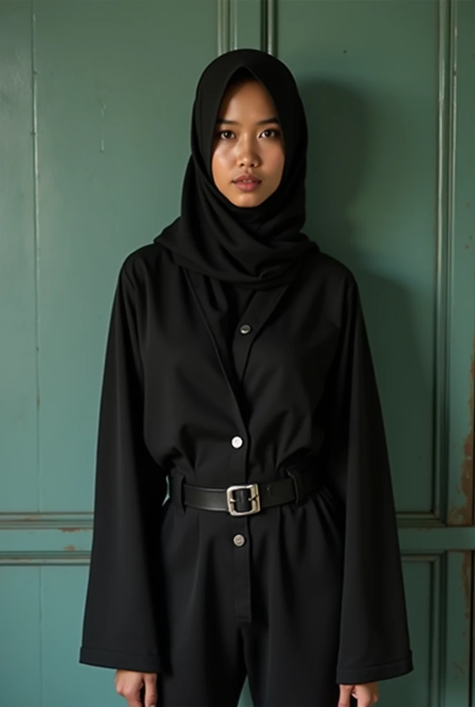 (high resolution), sex satisfy face, oval eyes, slim waist, south east asian face, Malaysian hijab muslim, sexy, darker skin color, short legs, golden ratio body shape, camel toe clear, prison background, seethrough nipple