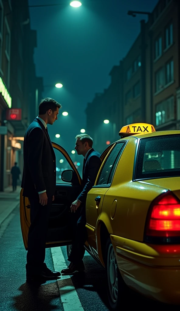 A taxi driver and a young man in a suit entering a taxi night