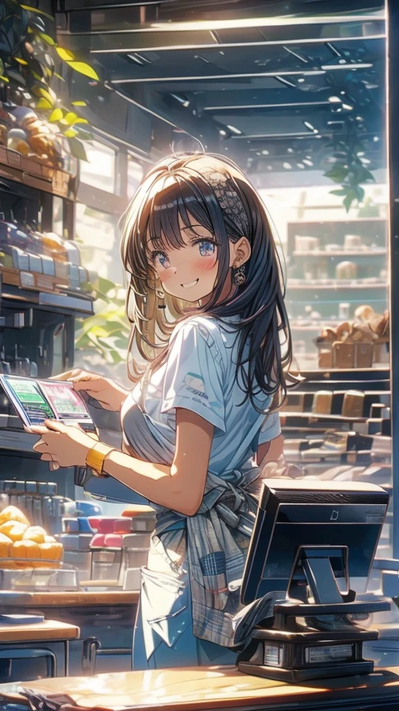 young woman,Facing forward,smile,((Standing inside the cash register)),Touching the cash register machine,Customer Service,((There is a cash register on the table)),(Scanning product barcodes at the cash register)),Supermarket clerk,Wearing an apron,uniform,((Working as a cashier)),((Cashier)),((cashier,register,)),((Receive money from customers)),There are products on the shelves,In the supermarket,Bright interior,grocery store
