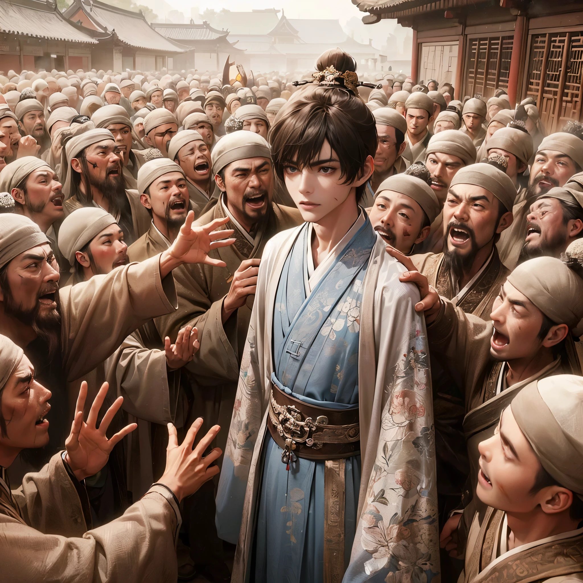 (Best Quality:1.2), (high resolution:1.2), (beautiful face and eye:1.2), (sharpest focus:1.2), (Ultra-realistic Photo:1.2), (Ultra-precise Photo:1.2), (Depth of field:1.2), (perfect :1.2), (nice hands:1.2), (perfect hands:1.2), 
(A short, thin young Chinese man in the ordinary clothes of a dull commoner in Song Dynasty China:1.2), (White hat:1.2), (whole body:1.2), (wicked Large soldiers surrounding them with sneering smiles:1.2), 
(The shining brightly lit up heated place:1.2), (A short man with bruises and bumps and scars:1.2), (The short man yells in anger:1.2), (The short man beating the soldiers:1.2), (Great :1.2), (Rampage:1.2),