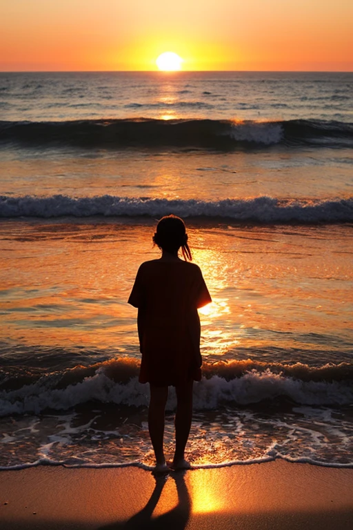Highest quality、The beach where the sun sets、Orange sky、Shadow of a person