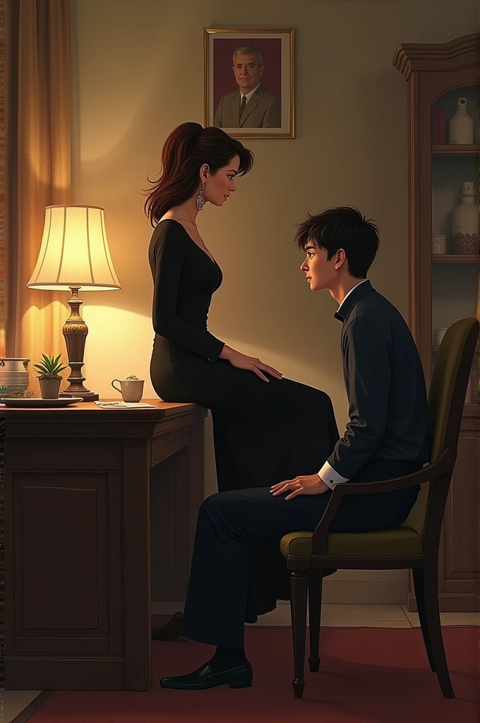 A step mom on a table and her step son on a chair