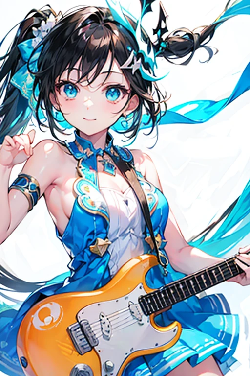 Tazune rirei, nsfw, 8k, ultra-detailed, Masterpiece, best quality, perfect lighting, aqua eyes, black hair, side ponytail, ((Idol)),(colorful image ), idol costume, no sleeves, blue and white summer dress , cute smile)), beautiful eyes , eyelashes , looking at you, shiny aqua eyes, spot light, more_details:1, singing , dynamic pose, cowboy shot, bare shoulders, navels, ((playing electric guitar, income microphone)),starrystarscloudcolorful