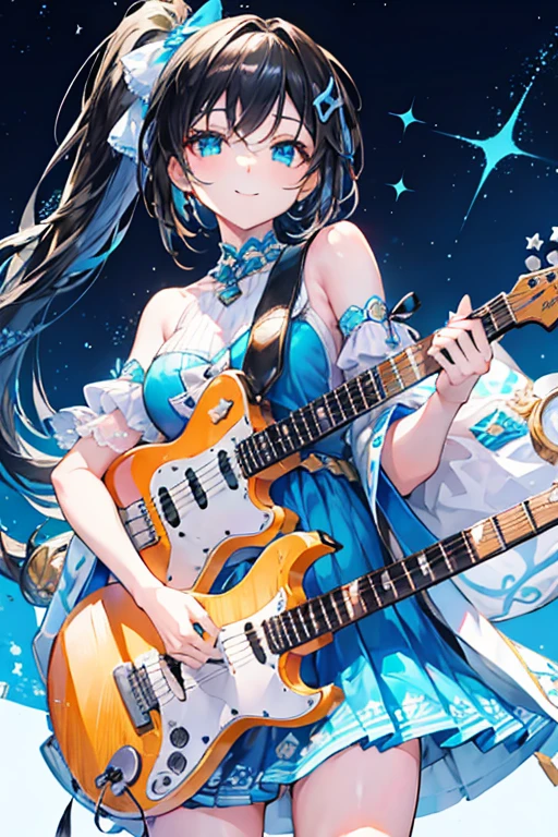 Tazune rirei, nsfw, 8k, ultra-detailed, Masterpiece, best quality, perfect lighting, aqua eyes, black hair, side ponytail, ((Idol)),(colorful image ), idol costume, no sleeves, blue and white summer dress , cute smile)), beautiful eyes , eyelashes , looking at you, shiny aqua eyes, spot light, more_details:1, singing , dynamic pose, cowboy shot, bare shoulders, navels, ((playing electric guitar, income microphone)),starrystarscloudcolorful