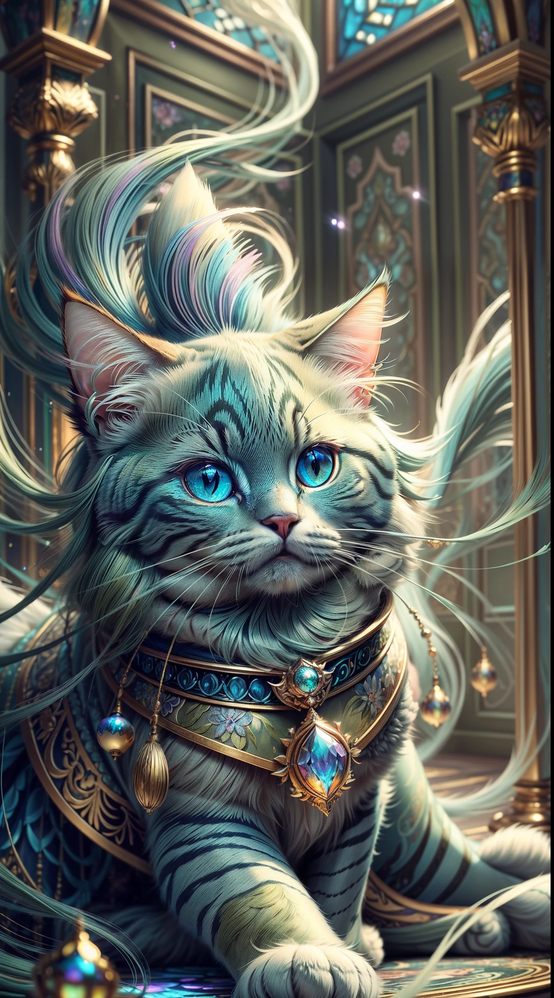 ((ultra-detailed)), (highly detailed CG illustration), ((an extremely delicate and beautiful ragdoll cat)), cinematic light, Create a stunning fantasy artwork that mimics the style of currently trending masters of the genre. The art piece should contain elements of both mythic fantasy with colorful accents. ((Utilize various shades of olive green and watercolor pastels as the main color scheme.)) The ragdoll cat in the artwork is a fluffy with an aura of mystery and magic, mesmerizing eyes with vibrant colors and bold shading. The fur of ragdoll cat should be designed with gossamer blue eyes, feathers, silk, stunning embroidery, and subtle iridescent details. Incorporate dreamy colors, dynamic lighting, and detailed background elements to create a sense of awe and immersion. Include magical aura. Consider, (((masterpiece))), (((best quality)))