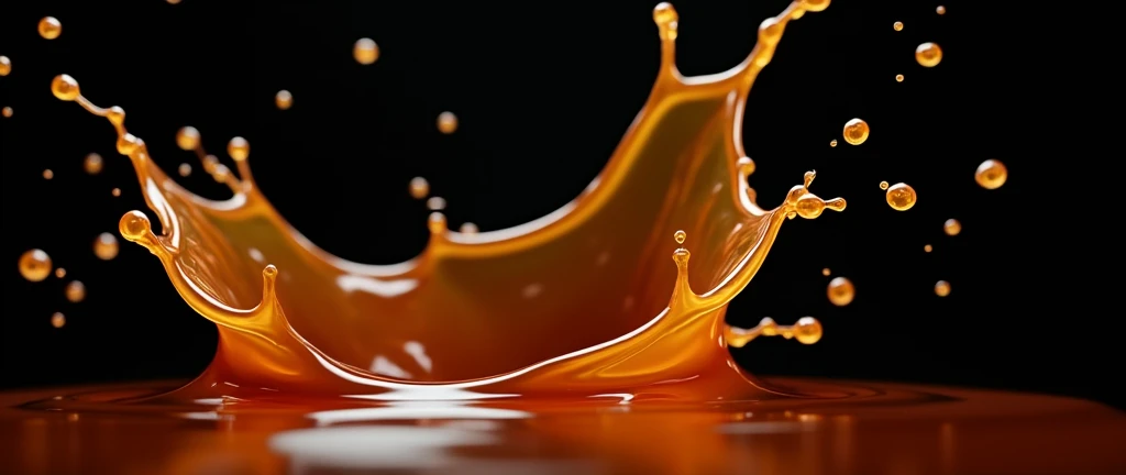 3D render of maple syrup and honey splash in mid-air, rich golden-brown hues with a glossy, viscous texture, dynamically suspended against a deep black background, the splash forms intricate, fluid shapes that radiate energy, contrasting sharply with the dark backdrop, the design is bold and striking, with soft highlights that enhance the richness and depth of the syrup and honey, subtle reflections create a sense of realism and depth