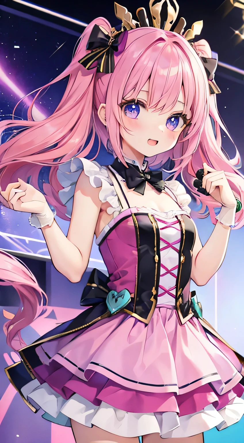 best quality, ultra detailed,1girl, solo, ((cure_prism_hirogaruskyprecure)), long hair, green eyes, pink hair, bow, bangs, black bow, 1girl, braid, gloves, holding, looking at viewer, black gloves, earrings, black skirt with frills, medium breast, black enamel boots, evil smirk, devilish smirk, (shiny fabric:1.5), full body shot, purple gem, seductive pose, blush, demon tail, (beautiful detailed eyes:1.6), extremely detailed face, perfect lighting, extremely detailed CG, (perfect hands, perfect anatomy), red and black color scheme, shiny material, smirks, black ribbon, black satin gloves, cyber bat wing ornament, black frills, jewelry, corruption, latex shine, black gothic cloak, velvet curtain in the background, black rose ornament, purple mesh,