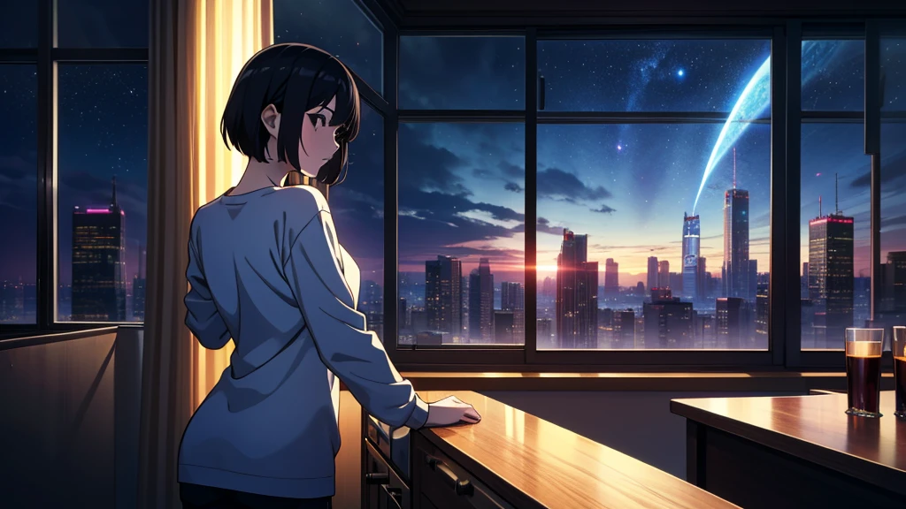 masterpiece, best quality, high quality, detailed, ultra detailed, hyper detailed, insanely detailed, exquisite, beautiful, FHD, Full-HD, 4K, 8K, 16K, highres, absurdres, skyscraper, city, a girl, intelligent, serious look, looking back, short hair, black hair, black eyes, pale skin, beauty mark, in the room, with a window, with a starry sky, with a comet, at night, beautiful, cowboy shot, long-sleeved t-shirt