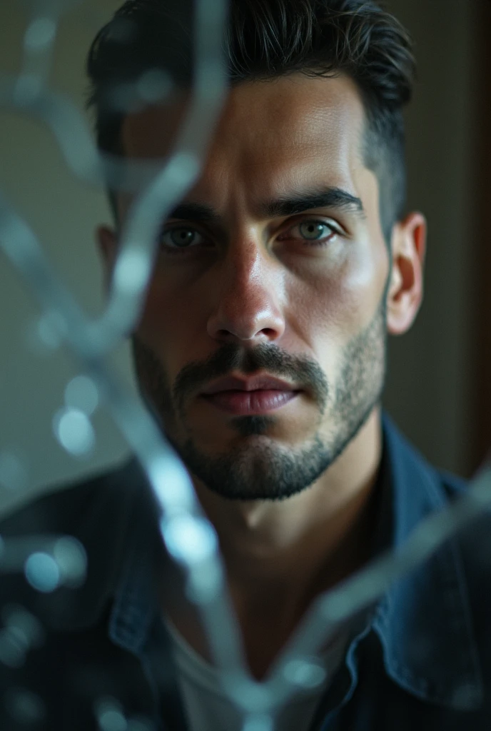 a BROKEN mirror, with a distorted reflection of a man's face in the background