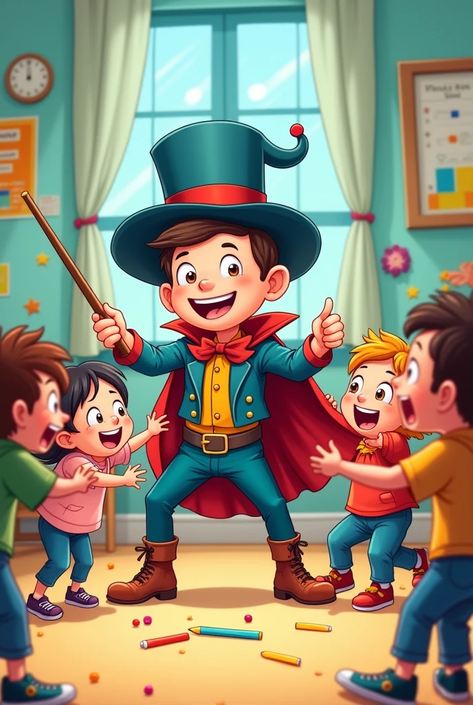 A cheerful magician being beaten up by kindergarteners