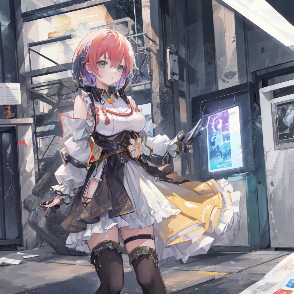 ((masterpiece, best quality)),illustration,Super Fine 8k,Reality,Clear focus,Very detailed,Professional lighting,Colorful Detailed,Extremely long shot of the rainbow-colored BREAK factory,Large machinery construction,Microchip,,Luminescence,Intricate details,Shitu-mecha,1 girl standing in front of the audience,Umbilical cord