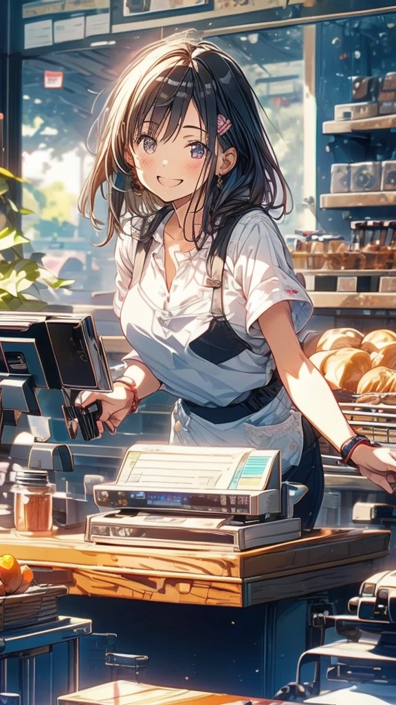 young woman,Facing forward,smile,((Standing inside the cash register)),Touching the cash register machine,Customer Service,((There is a cash register on the table)),(Scanning product barcodes at the cash register)),Supermarket clerk,Wearing an apron,uniform,((Working as a cashier)),((Cashier)),((cashier,register,)),((Receive money from customers)),There are products on the shelves,In the supermarket,Bright interior,grocery store