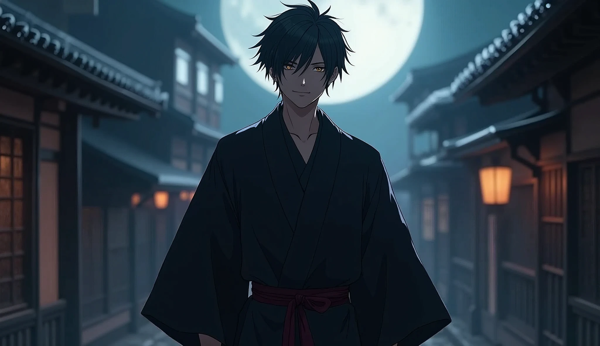One Man in the Night City、Alluring Handsome Youth、Black Hair、Dark Eyes、Black kimono、smart、slim、A fearless smile、Moon Night、Suspicious atmosphere、Traditional Kyoto cityscape、high resolution、Amazing Image、High Precision、High quality、Like the Latest Final Fantasy、Biologically correct、