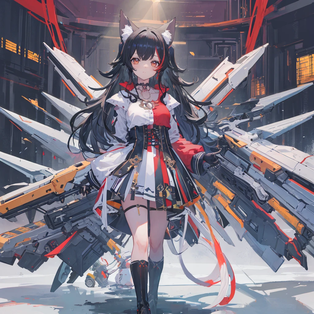 ((masterpiece, best quality)),illustration,Super Fine 8k,Reality,Clear focus,Very detailed,Professional lighting,Colorful Detailed,Extremely long shot of the rainbow-colored BREAK factory,Large machinery construction,Microchip,,Luminescence,Intricate details,Shitu-mecha,1 girl standing in front of the audience,Umbilical cord