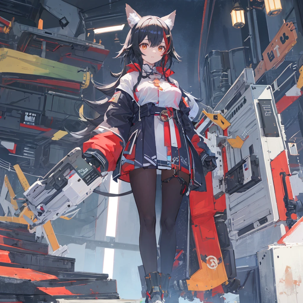((masterpiece, best quality)),illustration,Super Fine 8k,Reality,Clear focus,Very detailed,Professional lighting,Colorful Detailed,Extremely long shot of the rainbow-colored BREAK factory,Large machinery construction,Microchip,,Luminescence,Intricate details,Shitu-mecha,1 girl standing in front of the audience,Umbilical cord