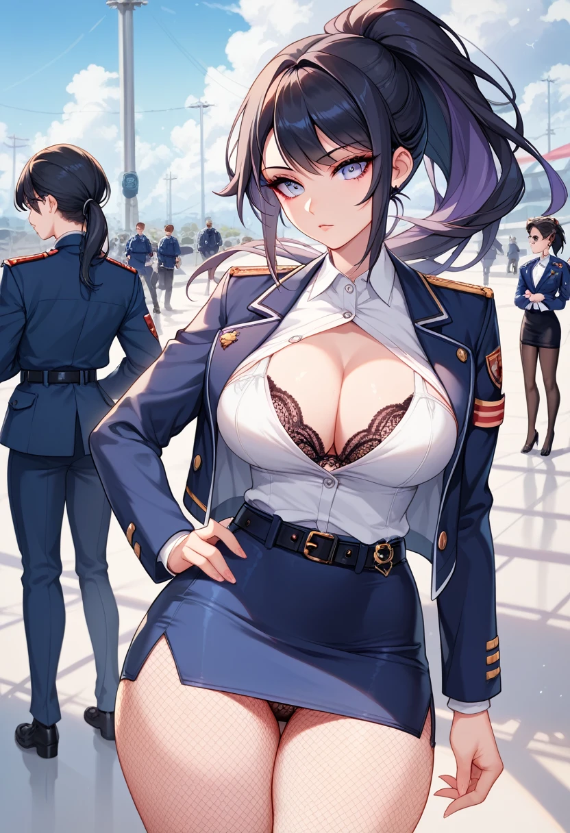 Female Boss,Years on,Black Hair,ponytail,Large Breasts,Cleavage,Jacket, White shirt, belt, uniform, Blue Skirt, army, formal, blue Jacket,Pencil Skirt,Fishnet tights,Purple intricate lace and lingerie