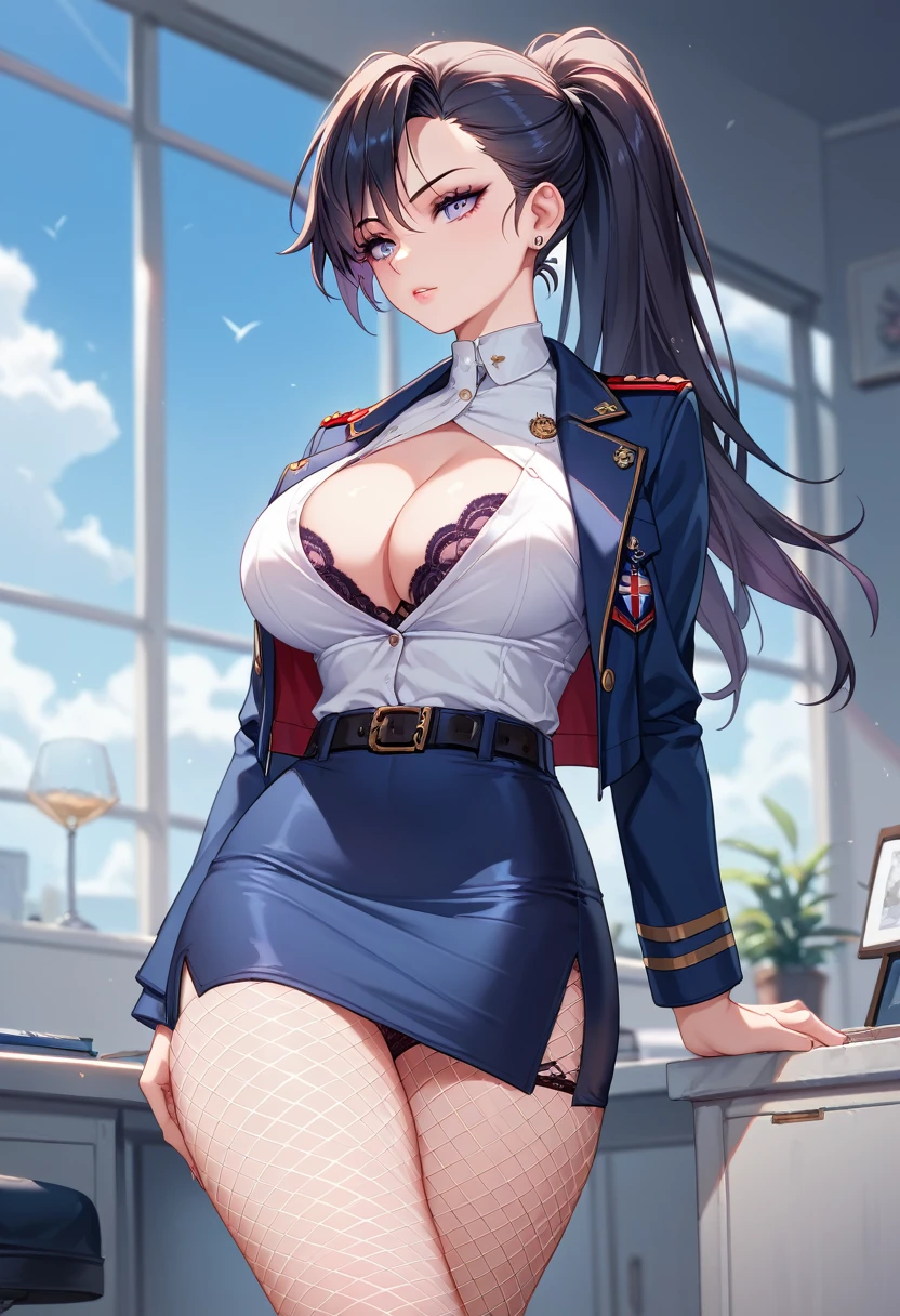 Female Boss,Years on,Black Hair,ponytail,Large Breasts,Cleavage,Jacket, White shirt, belt, uniform, Blue Skirt, army, formal, blue Jacket,Pencil Skirt,Fishnet tights,Purple intricate lace and lingerie