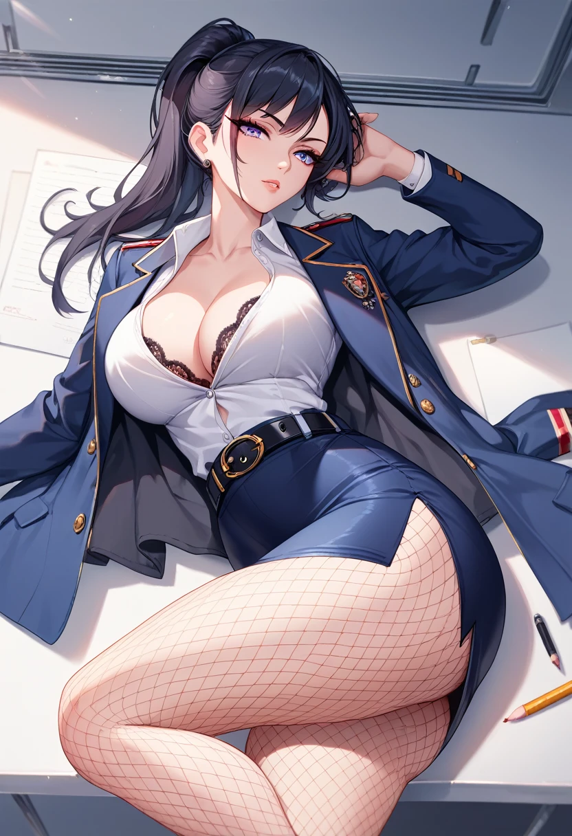  Female Boss,Years on,Black Hair,ponytail,Large Breasts,Cleavage,Jacket, White shirt, belt, uniform, Blue Skirt,  army, formal, blue Jacket,Pencil Skirt,Fishnet tights,Purple intricate lace and lingerie