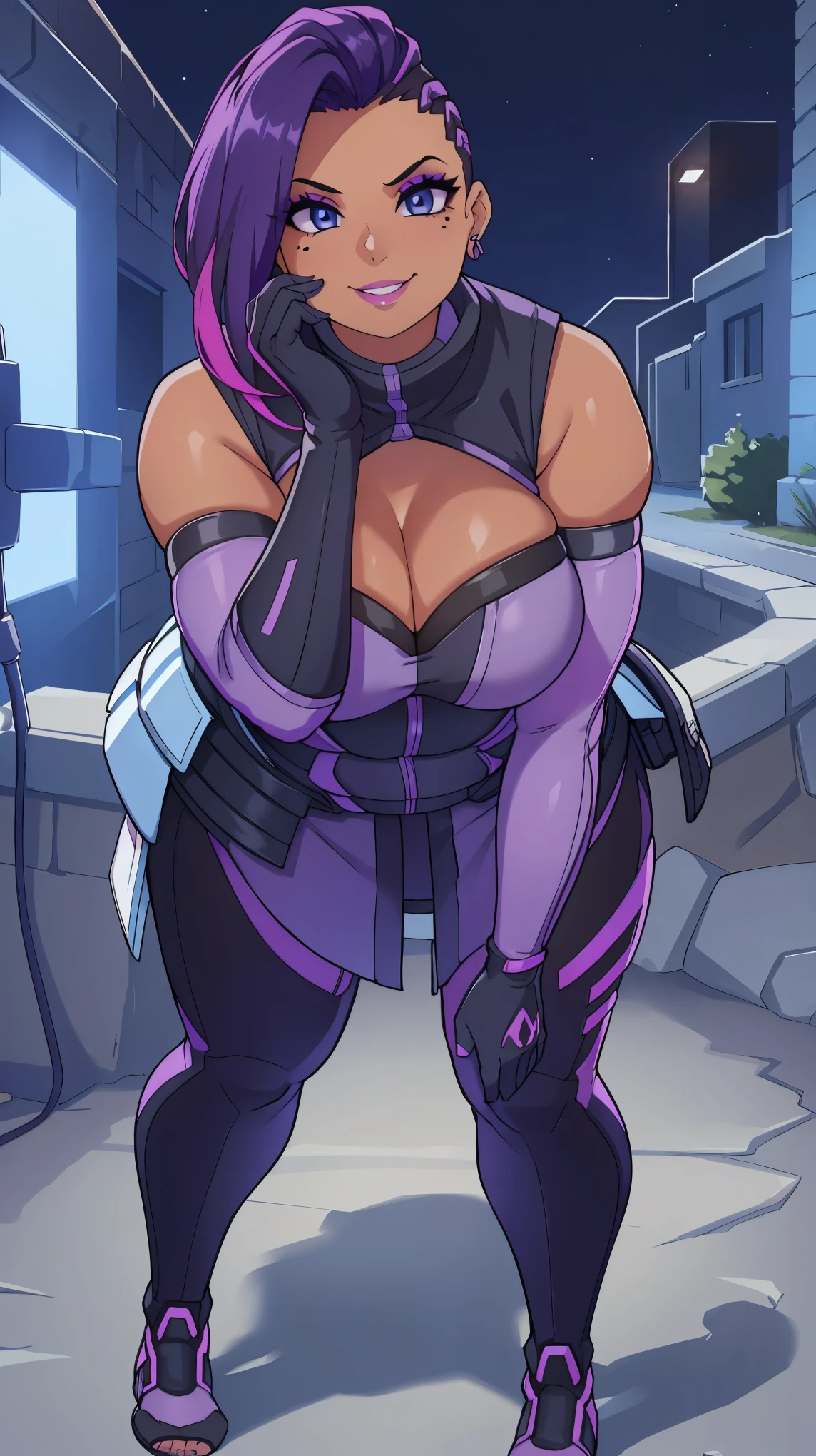 (Cleavage:1.1)Zoomed out, casual pose(Full body:1.1), SombraOver, 1girl, solo, asymmetrical hair, dark skin, dark-skinned female, mole, makeup, purple hair, purple lips, gloves, elbow gloves, smile, mole under eye, undercut, lipstick, purple gloves, purple eyes, eyeshadow, looking at viewer,, two-tone hair, earrings, multicolored hair, jewelry, mascara, blue eyes, eyeliner, high collar, bare shoulders, outdoors, nighttime