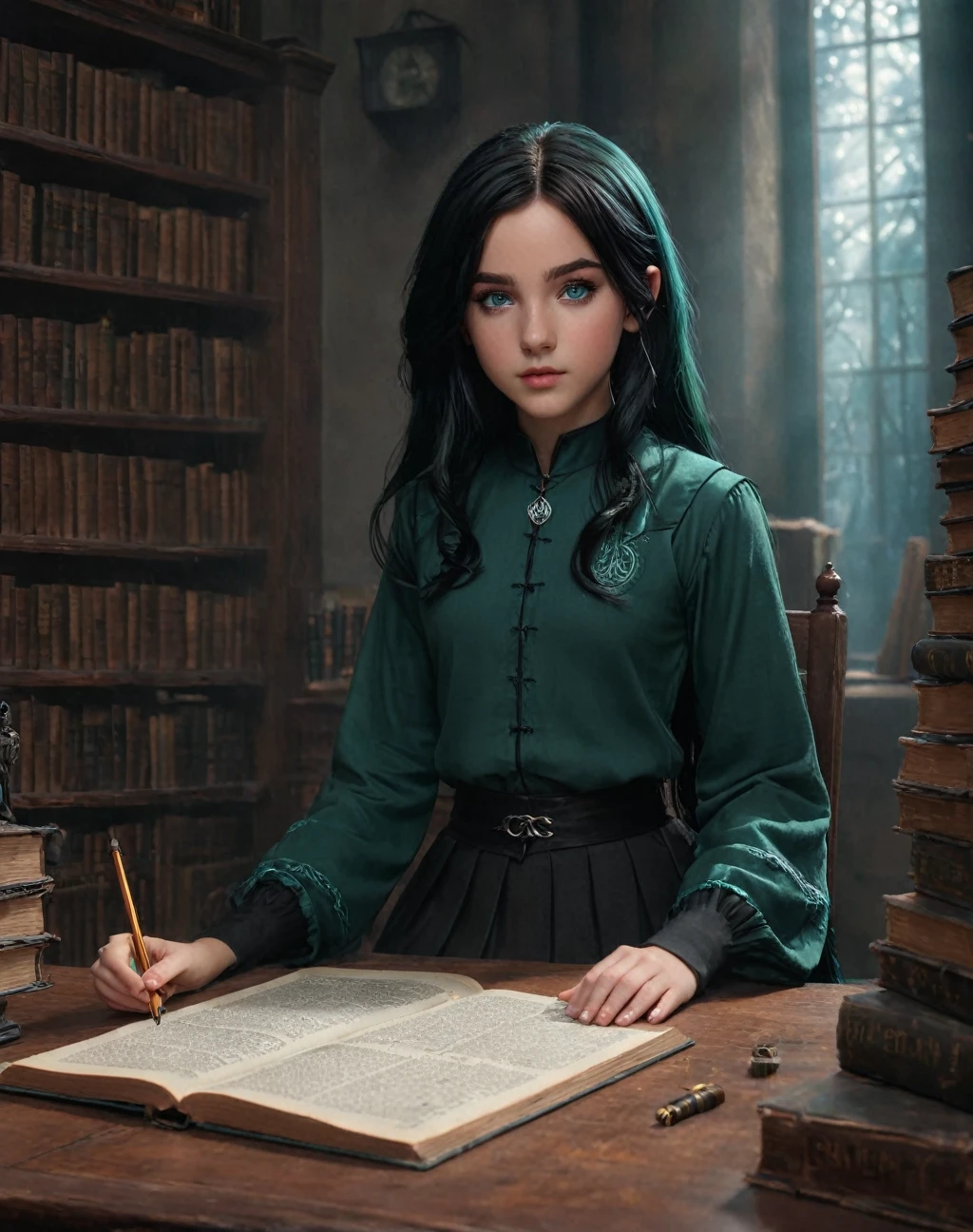 (best quality, masterpiece:1.2), photorealistic, thick outlines, strong shadows, 1 girl, young 11 year old girl,daughter of severus snape, freckles, teal green eyes, black fringe hair, Style-GravityMagic, solo, half shot, looking at viewer, detailed background, detailed face, intricate details, (GlowingRunes_yellow, glowing runes theme:1.1) novice sitting at desk, simple clothes, reading, focusing, surrounded by books, scrolls, runes, abacus, cryptic device, magic aura, ancient magic, study room in background, magical light, ethereal atmosphere,