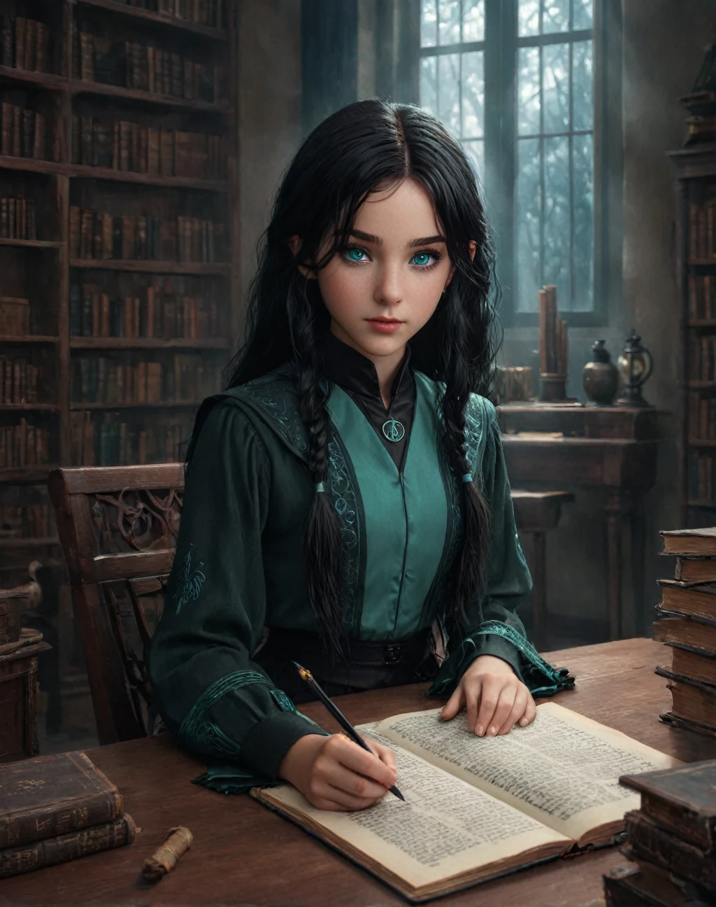 (best quality, masterpiece:1.2), photorealistic, thick outlines, strong shadows, 1 girl, young 11 year old girl,daughter of severus snape, freckles, teal green eyes, black fringe hair, Style-GravityMagic, solo, half shot, looking at viewer, detailed background, detailed face, intricate details, (GlowingRunes_yellow, glowing runes theme:1.1) novice sitting at desk, simple clothes, reading, focusing, surrounded by books, scrolls, runes, abacus, cryptic device, magic aura, ancient magic, study room in background, magical light, ethereal atmosphere,