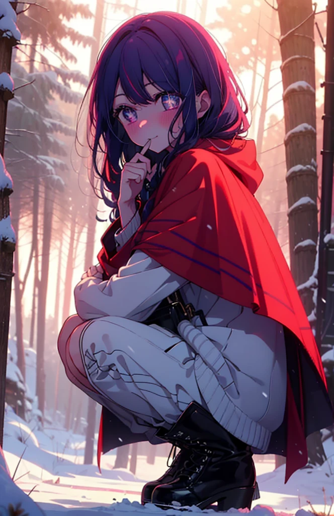 aihoshino, Ai Hoshino, Long Hair, bangs, (Purple eyes:1.1), Purple Hair, (Symbol-shaped pupil:1.5), smile,,smile,blush,white breath,
Open your mouth,snow,Ground bonfire, Outdoor, boots, snowing, From the side, wood, suitcase, Cape, Blurred, , forest, White handbag, nature, Squat, Mouth closed, Cape, winter, Written boundary depth, Black shoes, red Cape break looking at viewer, Upper Body, whole body, break Outdoor, forest, nature, break (masterpiece:1.2), Highest quality, High resolution, unity 8k wallpaper, (shape:0.8), (Beautiful and beautiful eyes:1.6), Highly detailed face, Perfect lighting, Highly detailed CG, (Perfect hands, Perfect Anatomy),