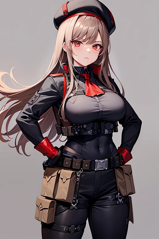 Rapi (NIKKE), Belt Pouches, Brown hair, Black hat, red ascot, beret, closed mouth, looking at the viewer, choker, gloves, ascot, Red gloves, (bulletproof vest), utility belt, cargo pants, black pants, Black boots, solo, long hair, (simple dark background), cowboy shot, red eyes, huge breasts, (muscular body), long sleeves, hands on hips