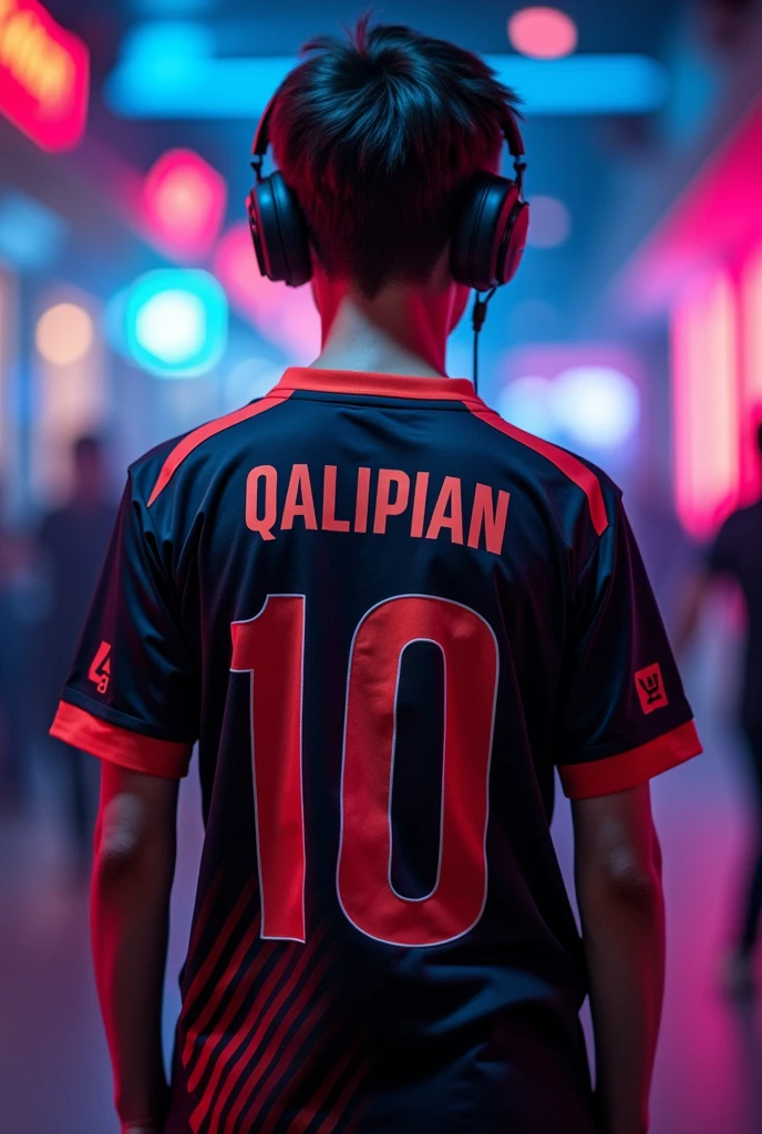 A young man gamer wearing esports jersy with a name of "QaLipian" at the back