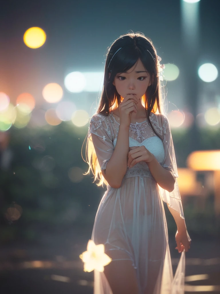 (Sumilux f1.4 24mm , low Latitude old color negative film , cross process , (bokeh), Long exposure , blur , flare, chromatic aberration , soft focus, (Shallow focus) , soft glow , Maximum aperture, high Key , Transparent depiction , Tyndall:1.2) , peeing woman