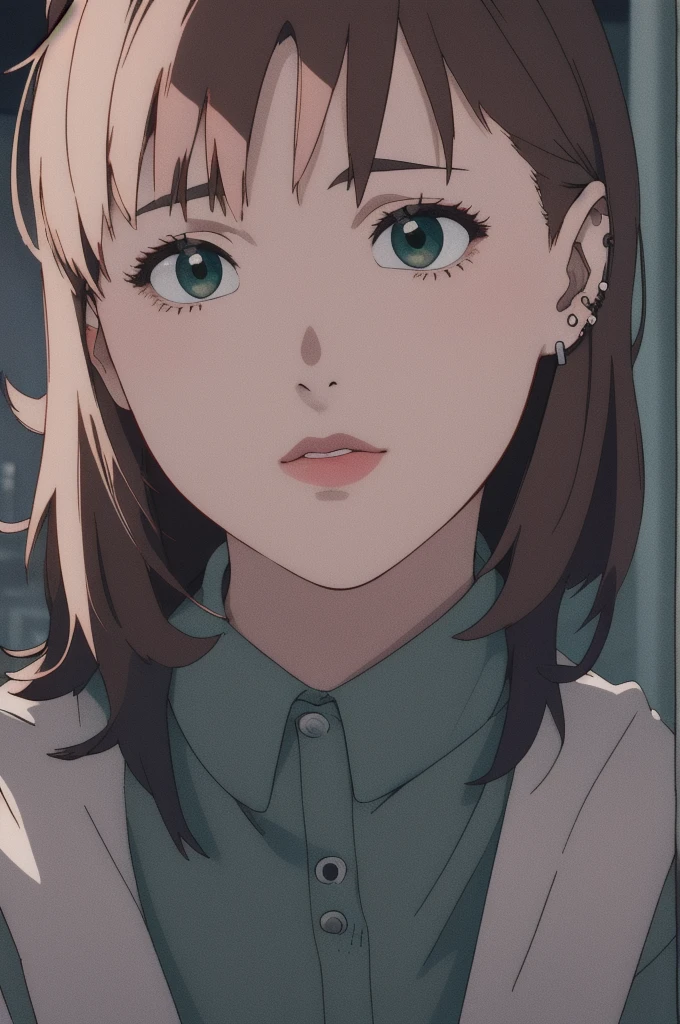 (RAW photo, best quality), A girl, perfect body, perfect eyes, perfect fingers, long straight brown hair, whituout bangs, green eyes and almond shaped but in anime style, her ears are full of piercings, she also has a piercing on the side of her lip in the shape of a circle, she wears alternative clothes on black and in the style half e-girl and punk, full body, hig quality, best quality