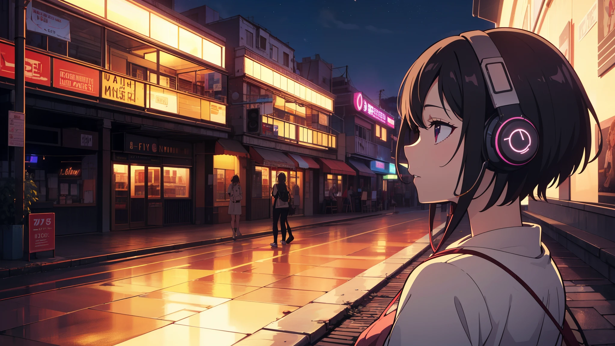 masterpiece, best quality, high quality, detailed, ultra detailed, hyper detailed, insanely detailed, exquisite, beautiful, FHD, Full-HD, 4K, 8K, 16K, highres, absurdres,1girl, ((lo-fi)),Listening to music through headphones,at night,cowboy shot