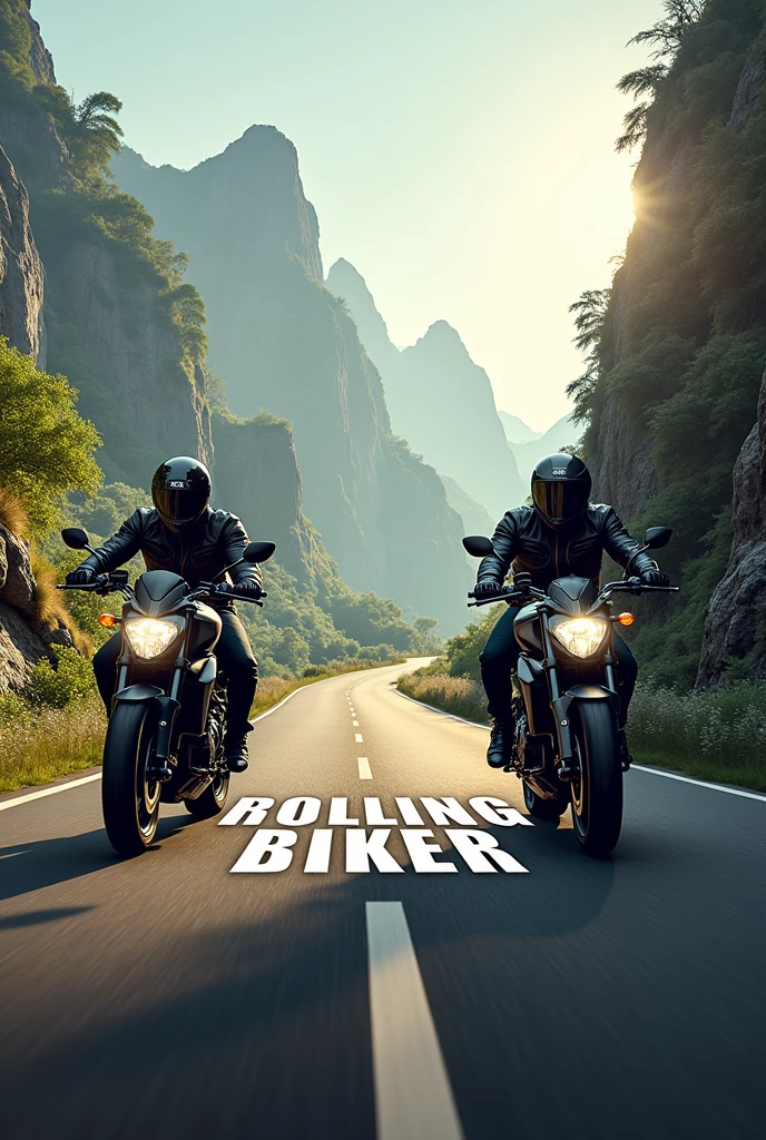 Create me a realistic image of letters that say ROLLING BIKER on a road with two mt 09 on the sides