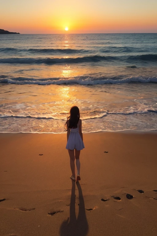 Highest quality、The beach where the sun sets、Orange sky、Shadow of a person