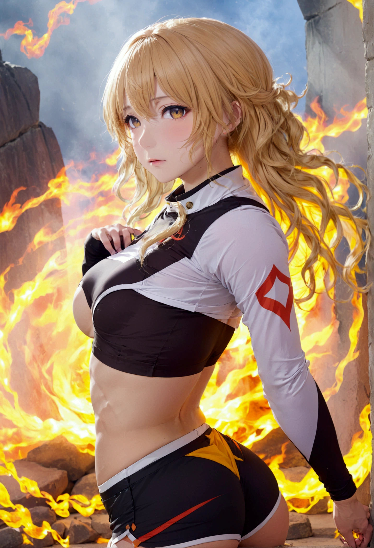 (promotional art), (Whole body), Yang Xiao Long of 'RWBY', aroused face, yellow hair, mystic fire all around, skin tight shorts, booty cheek shorts, 3/4 looking back pose, lean muscle, strong butt, ass cheek peaks out from shorts, underboob showing