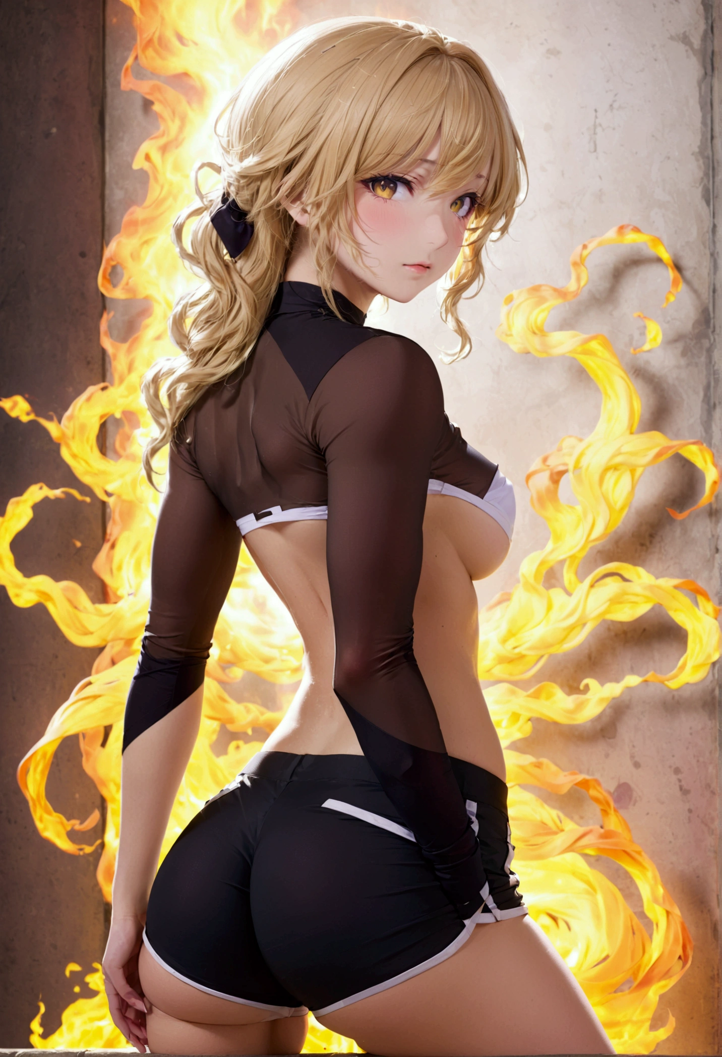 (promotional art), (Whole body), Yang Xiao Long of 'RWBY', aroused face, yellow hair, mystic fire all around, skin tight shorts, booty cheek shorts, 3/4 looking back pose, lean muscle, strong butt, ass cheek peaks out from shorts, underboob showing