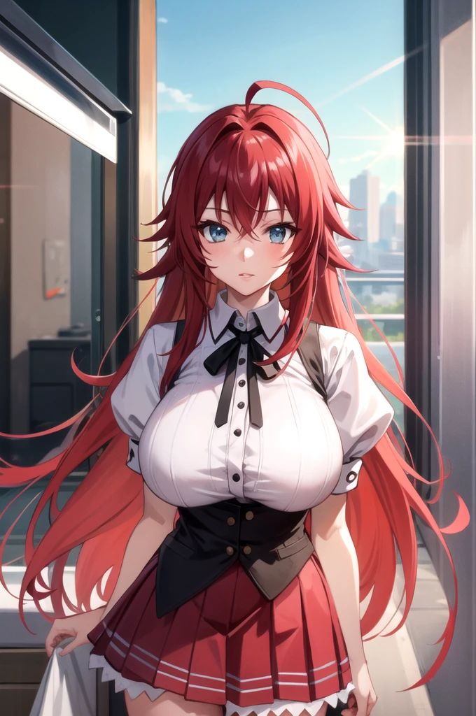 alone focus, alone, close, Simple Background:1.3), View your viewers, (Lips parted:1.2), (sunlight, bright, sunlight
:1.2)
 The eff_D×D_Rias, One girl, Rias gremory, Long Hair, alone, Ahoge, Redhead, school uniform, skirt, chest, Hair between the eyes, very Long Hair, large chest, Short sleeve, pleated skirt, Green Eyes, red skirt, Are standing, shirt, Puff sleeves, white shirt, puffy Short sleeve, bow, Mouth closed, bangs, black ribbon, blue eyes, huge Ahoge, Side Lock, ribbon, neck ribbon、(Huge boobs)