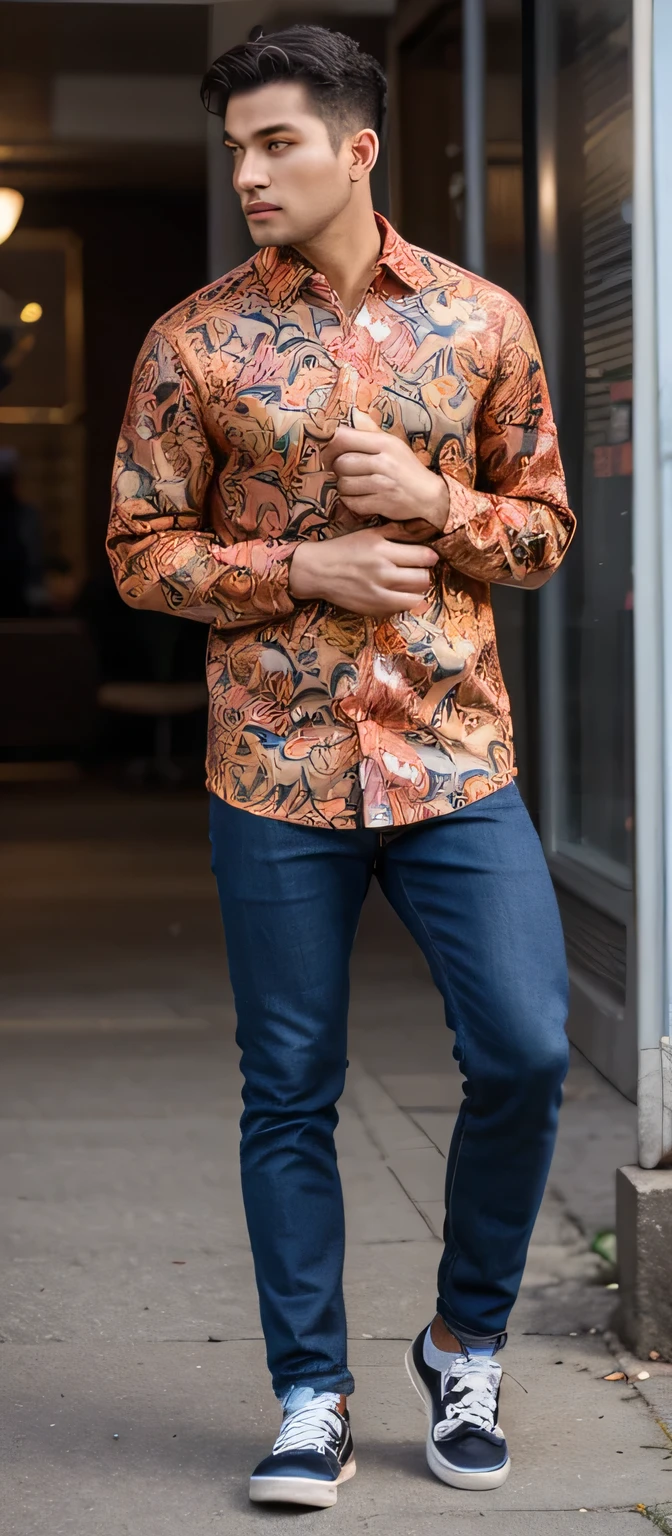 The man is batik dress red and yelow bright color dressed in a formal batik dress and jeans, creating a casual yet fashionable look at the city
