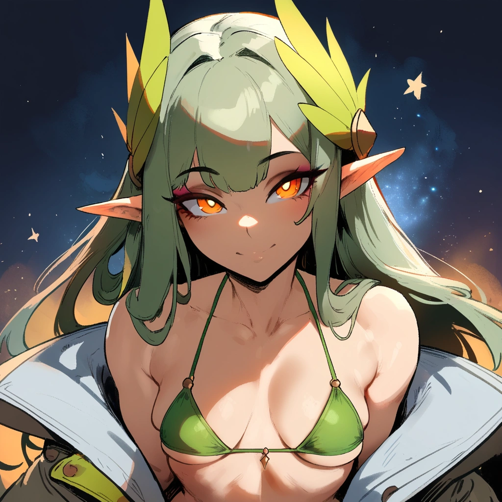 1girl, muelsyse \(arknights\), arknights \\\\\ masterpiece, best quality, very aesthetic, absurdres, newest ///// nyantcha, cutesexyrobutts, khyle ////// orange eyes, elf ears ///// simple background, space background, lime bikini, greenery, 18 years old girl, thin waist,solo, stars, ^_^, portrait, detailed face, bare neck.