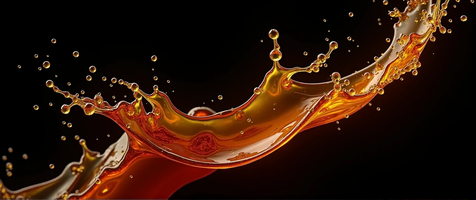 3D render of maple syrup and honey splash in mid-air, rich golden-brown hues with a glossy, viscous texture, dynamically suspended against a deep black background, the splash forms intricate, fluid shapes that radiate energy, contrasting sharply with the dark backdrop, the design is bold and striking, with soft highlights that enhance the richness and depth of the syrup and honey, subtle reflections create a sense of realism and depth